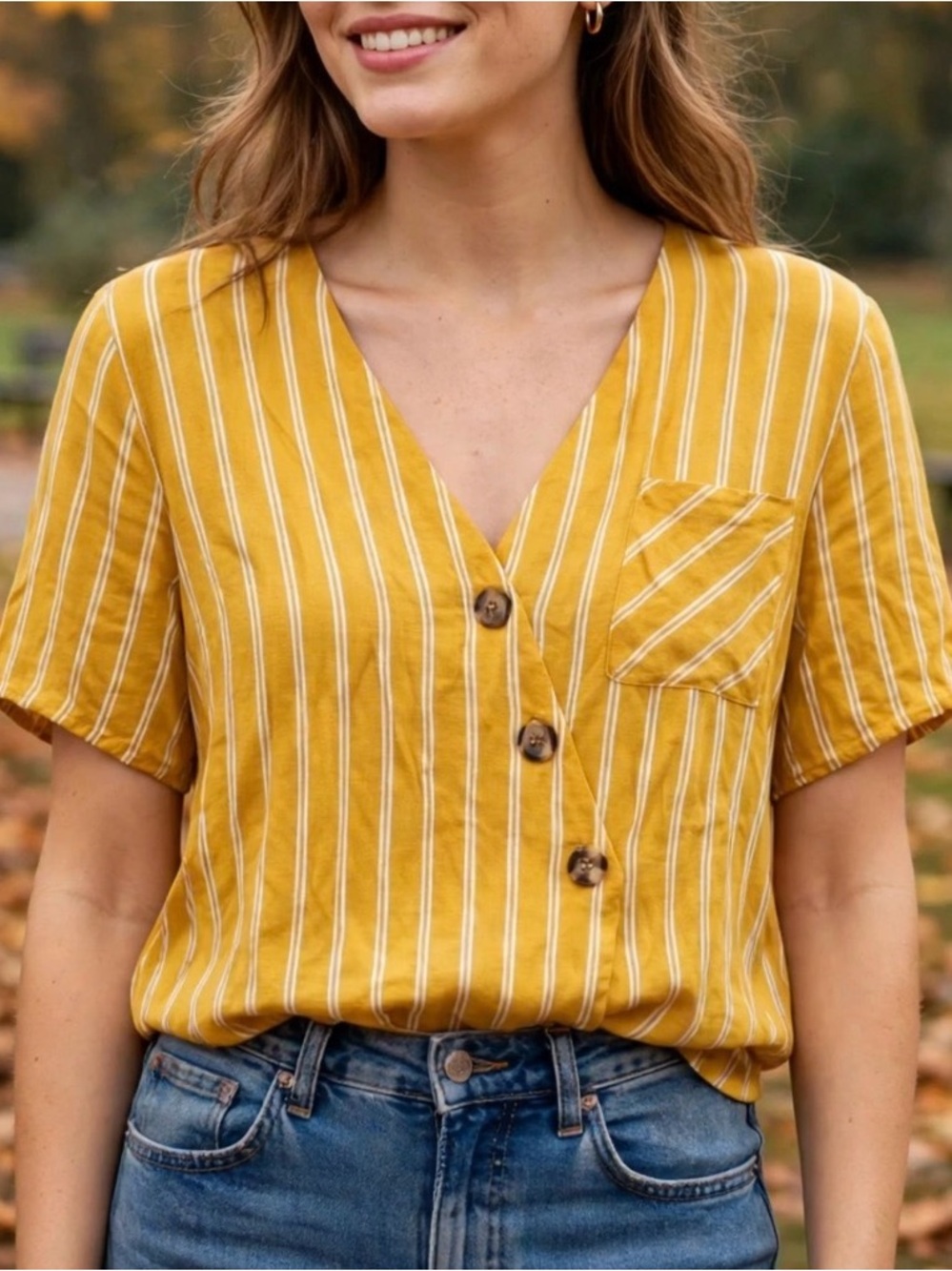 URBAN Romantics Asymmetric Button-Down Stripped Blouse